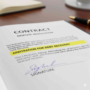 A close-up of a business contract, highlighting the arbitration clause for debt recovery.