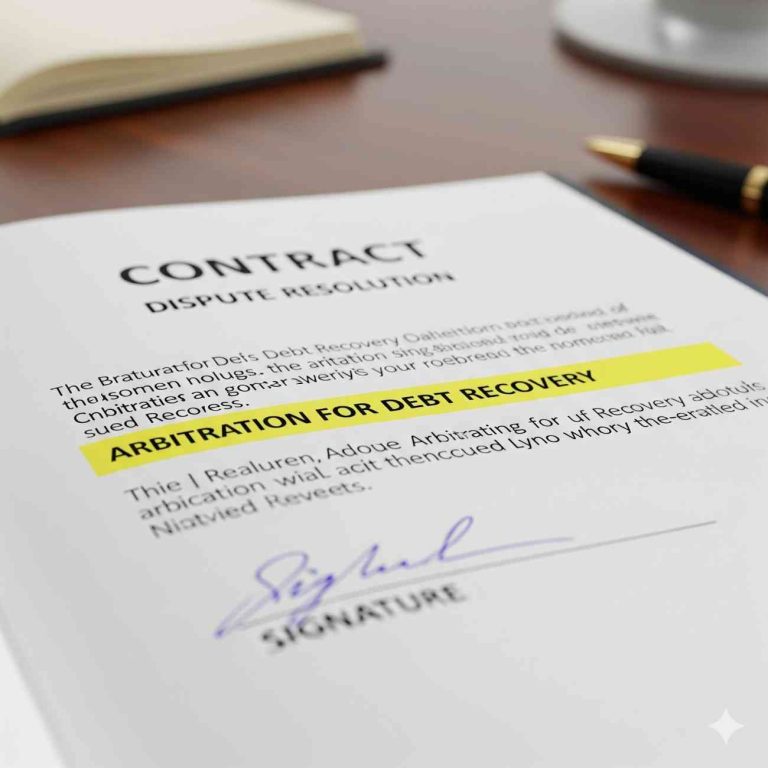 A close-up of a business contract, highlighting the arbitration clause for debt recovery.